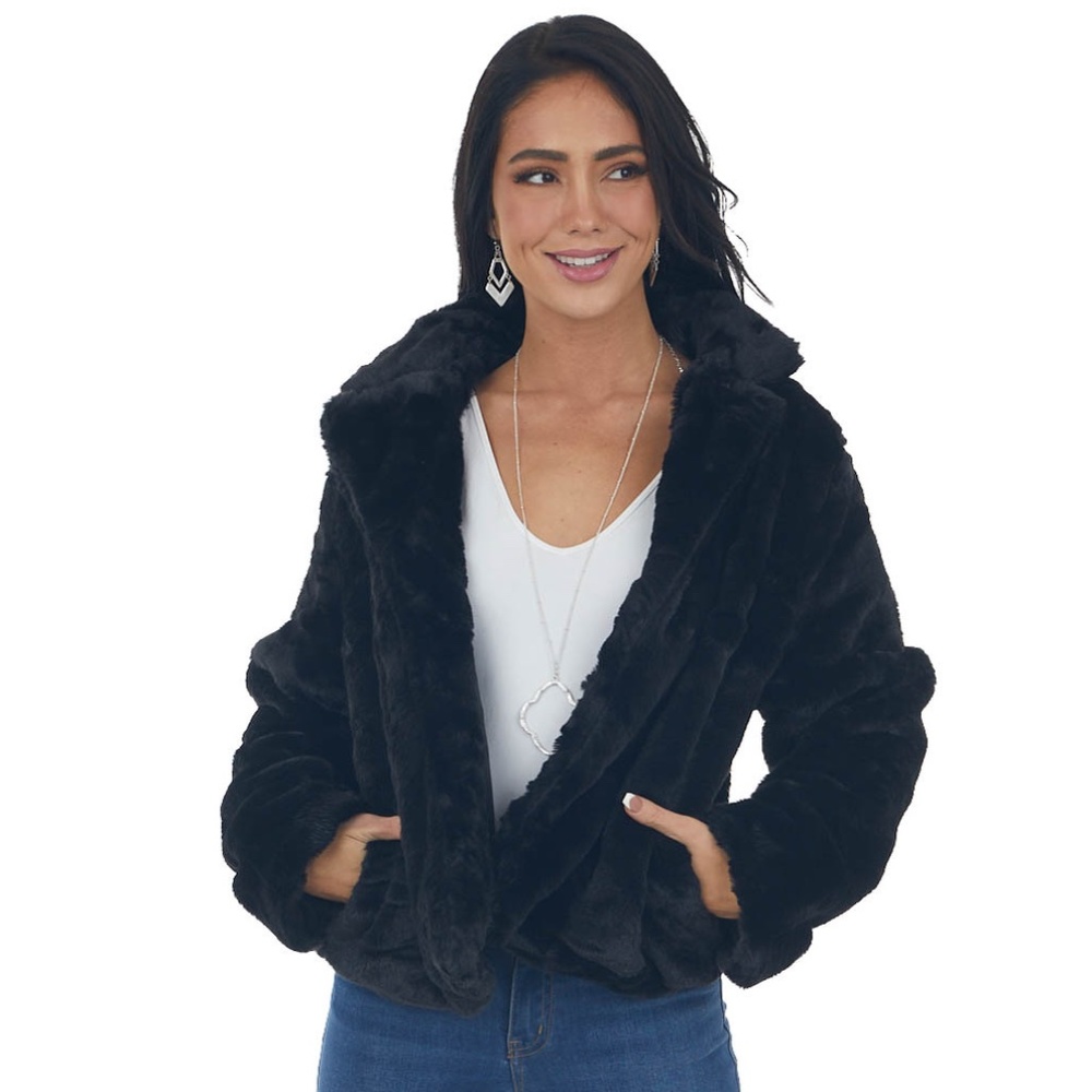 Black Soft Faux Fur Jacket with Side Pockets Black Sz S